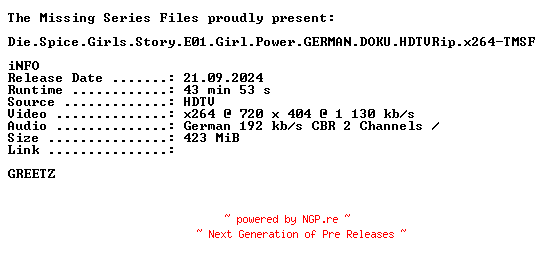 NFO for the release Die.Spice.Girls.Story.E01.Girl.Power.GERMAN.DOKU.HDTVRip.x264-TMSF by TMSF