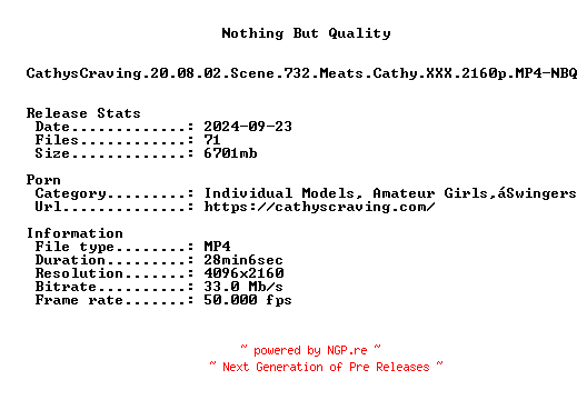 NFO for the release CathysCraving.20.08.02.Scene.732.Meats.Cathy.XXX.2160p.MP4-NBQ by NBQ