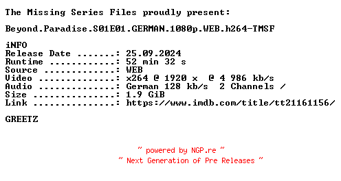NFO for the release Beyond.Paradise.S01E01.GERMAN.1080p.WEB.h264-TMSF by TMSF