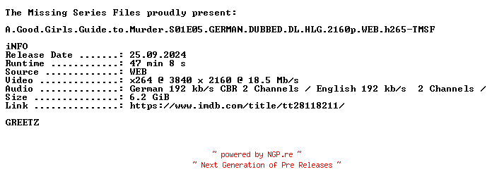 NFO for the release A.Good.Girls.Guide.to.Murder.S01E05.GERMAN.DUBBED.DL.HLG.2160p.WEB.h265-TMSF by TMSF