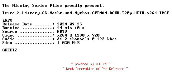 NFO for the release Terra.X.History.SS.Macht.und.Mythos.GERMAN.DOKU.720p.HDTV.x264-TMSF by TMSF