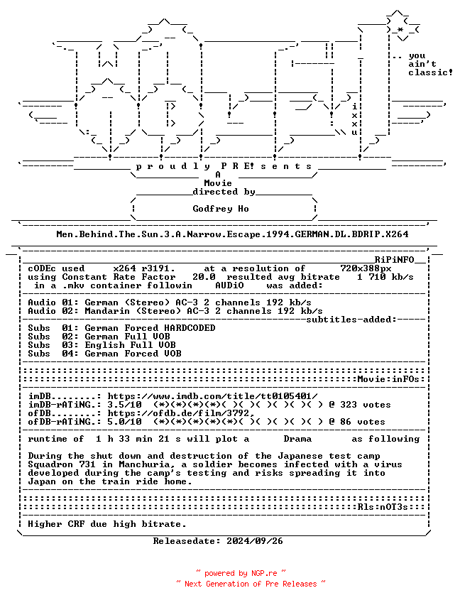 NFO for the release Men.Behind.The.Sun.3.A.Narrow.Escape.1994.GERMAN.DL.BDRIP.X264-WATCHABLE by WATCHABLE