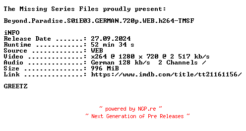 NFO for the release Beyond.Paradise.S01E03.GERMAN.720p.WEB.h264-TMSF by TMSF