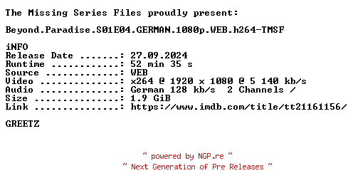 NFO for the release Beyond.Paradise.S01E04.GERMAN.1080p.WEB.h264-TMSF by TMSF