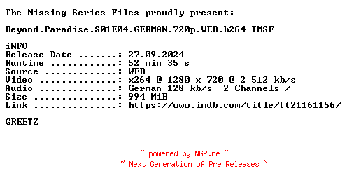NFO for the release Beyond.Paradise.S01E04.GERMAN.720p.WEB.h264-TMSF by TMSF