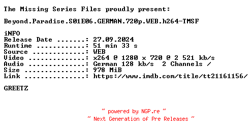 NFO for the release Beyond.Paradise.S01E06.GERMAN.720p.WEB.h264-TMSF by TMSF