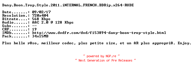 NFO for the release Dany.Boon.Trop.Style.2011.iNTERNAL.FRENCH.BDRip.x264-RUDE by RUDE
