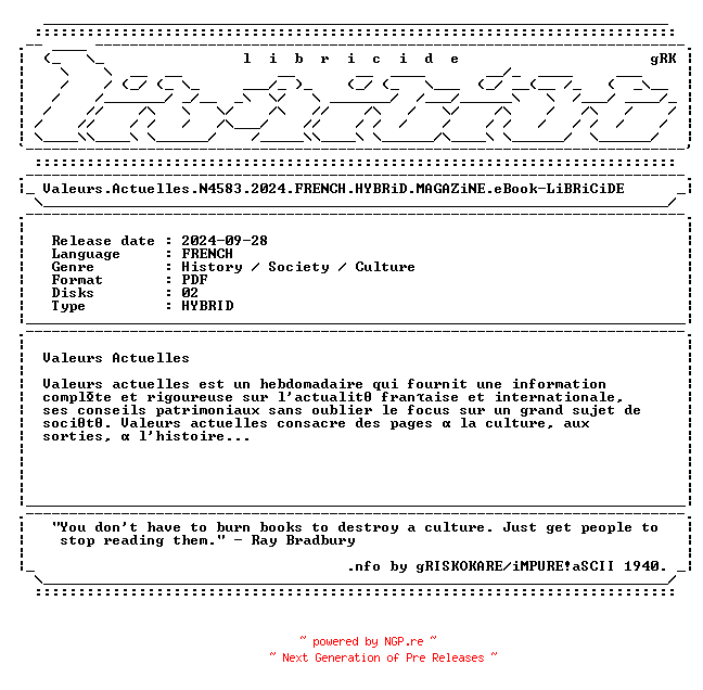 NFO for the release Valeurs.Actuelles.N4583.2024.FRENCH.HYBRiD.MAGAZiNE.eBook-LiBRiCiDE by LiBRiCiDE