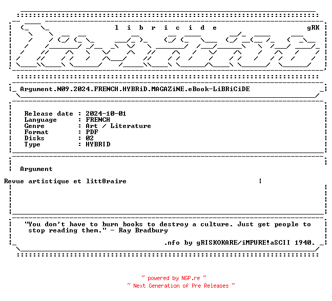 NFO for the release Argument.N09.2024.FRENCH.HYBRiD.MAGAZiNE.eBook-LiBRiCiDE by LiBRiCiDE