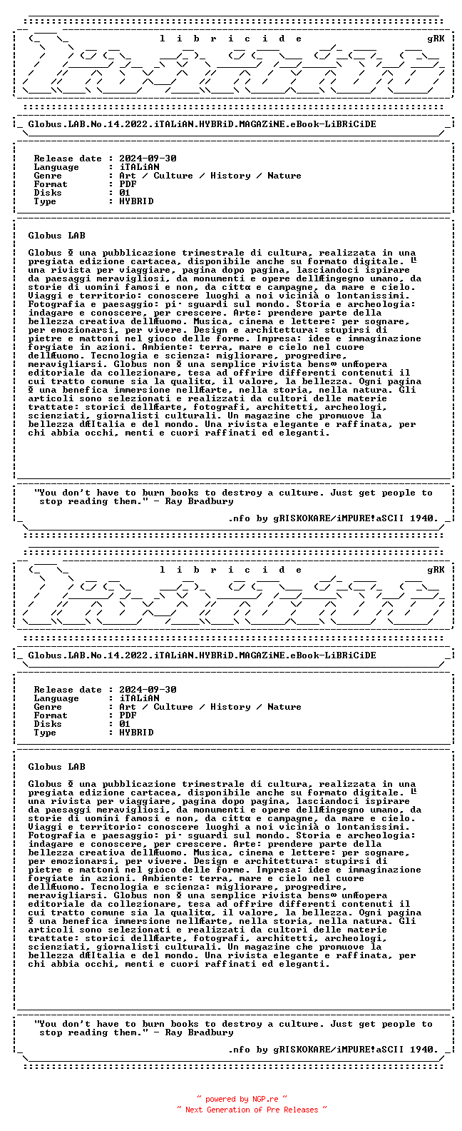 NFO for the release Globus.LAB.No.14.2022.iTALiAN.HYBRiD.MAGAZiNE.eBook-LiBRiCiDE by LiBRiCiDE