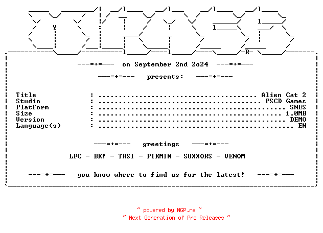 NFO for the release Alien_Cat_2_Demo_SNES-MiRAGE by MiRAGE