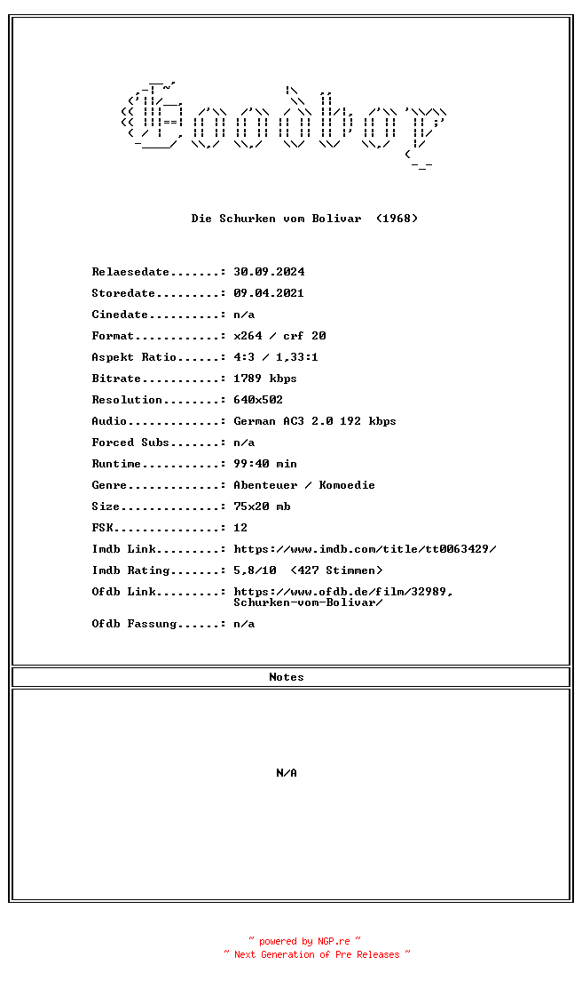 NFO for the release Die.Schurken.vom.Bolivar.GERMAN.1968.AC3.FS.DVDRiP.x264-Goodboy by Goodboy