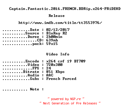 NFO for the release Captain.Fantastic.2016.FRENCH.BDRip.x264-PRiDEHD by PRiDEHD