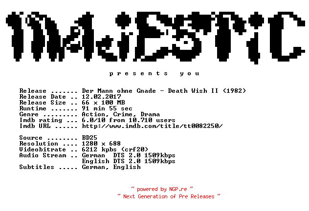 NFO for the release Der.Mann.ohne.Gnade.Death.Wish.II.1982.German.DL.720p.BluRay.x264-MAJESTiC by MAJESTiC