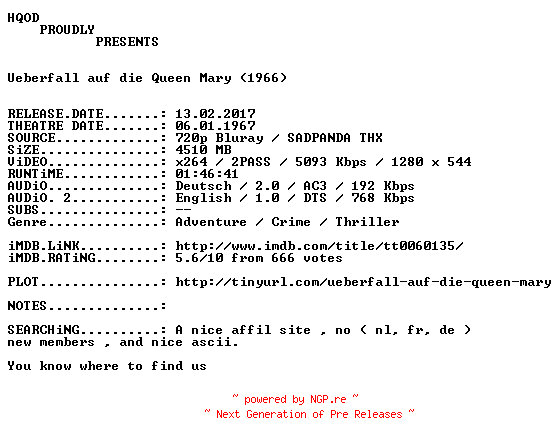 NFO for the release Ueberfall.auf.die.Queen.Mary.1966.German.AC3D.DL.720p.BluRay.x264-HQOD by HQOD