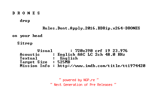 NFO for the release Rules.Dont.Apply.2016.BDRip.x264-DRONES by DRONES