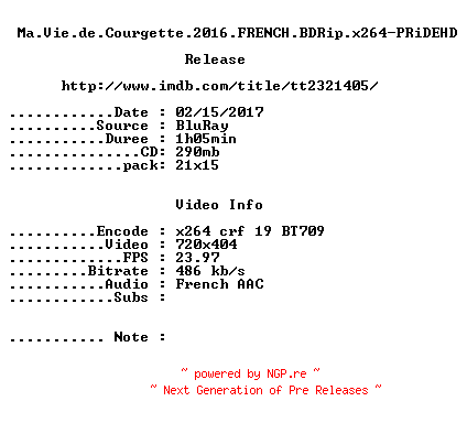 NFO for the release Ma.Vie.de.Courgette.2016.FRENCH.BDRip.x264-PRiDEHD by PRiDEHD