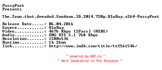 NFO for the release The.Town.that.dreaded.Sundown.3D.2014.720p.BluRay.x264-PussyFoot by PussyFoot
