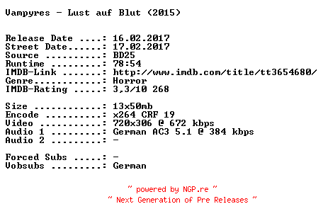NFO for the release Vampyres.Lust.auf.Blut.German.2015.AC3.BDRip.x264-SPiCY by SPiCY