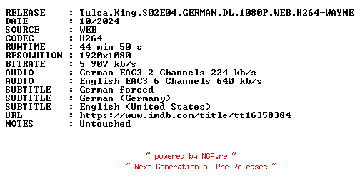 NFO for the release Tulsa.King.S02E04.GERMAN.DL.1080P.WEB.H264-WAYNE by WAYNE
