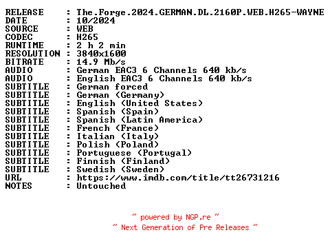 NFO for the release The.Forge.2024.GERMAN.DL.2160P.WEB.H265-WAYNE by WAYNE