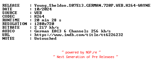 NFO for the release Young.Sheldon.S07E13.GERMAN.720P.WEB.H264-WAYNE by WAYNE