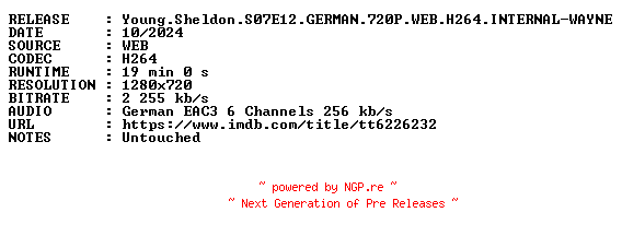NFO for the release Young.Sheldon.S07E12.GERMAN.720P.WEB.H264.INTERNAL-WAYNE by WAYNE