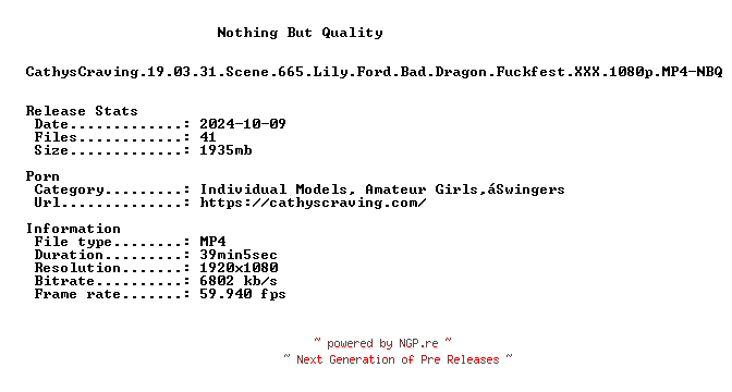 NFO for the release CathysCraving.19.03.31.Scene.665.Lily.Ford.Bad.Dragon.Fuckfest.XXX.1080p.MP4-NBQ by NBQ