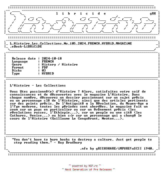 NFO for the release L.Histoire.Les.Collections.No.105.2024.FRENCH.HYBRiD.MAGAZiNE.eBook-LiBRiCiDE by LiBRiCiDE