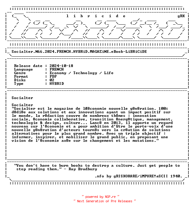 NFO for the release Socialter.N66.2024.FRENCH.HYBRiD.MAGAZiNE.eBook-LiBRiCiDE by LiBRiCiDE