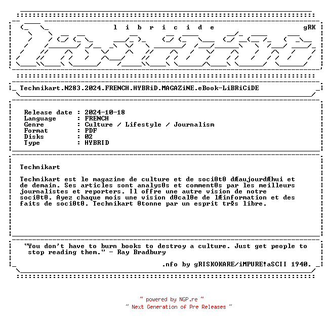 NFO for the release Technikart.N283.2024.FRENCH.HYBRiD.MAGAZiNE.eBook-LiBRiCiDE by LiBRiCiDE