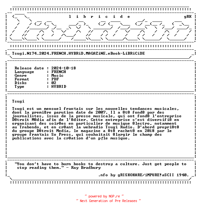 NFO for the release Tsugi.N174.2024.FRENCH.HYBRiD.MAGAZiNE.eBook-LiBRiCiDE by LiBRiCiDE
