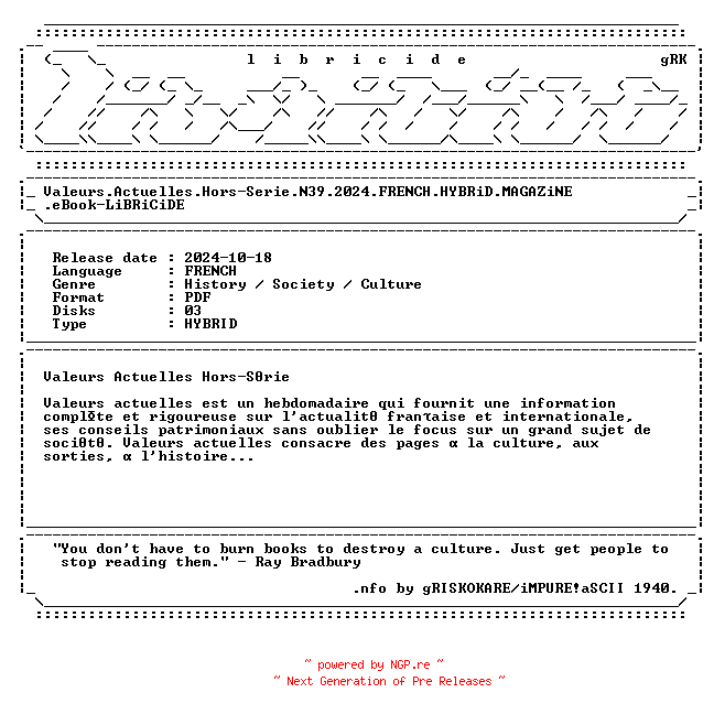 NFO for the release Valeurs.Actuelles.Hors-Serie.N39.2024.FRENCH.HYBRiD.MAGAZiNE.eBook-LiBRiCiDE by LiBRiCiDE