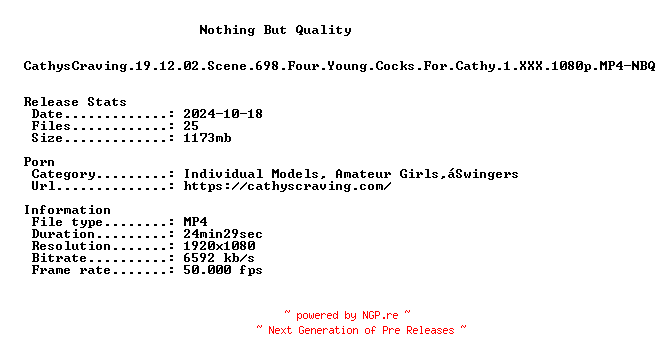NFO for the release CathysCraving.19.12.02.Scene.698.Four.Young.Cocks.For.Cathy.1.XXX.1080p.MP4-NBQ by NBQ