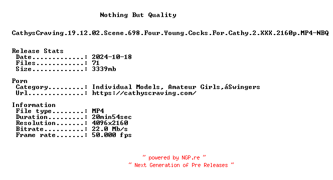 NFO for the release CathysCraving.19.12.02.Scene.698.Four.Young.Cocks.For.Cathy.2.XXX.2160p.MP4-NBQ by NBQ