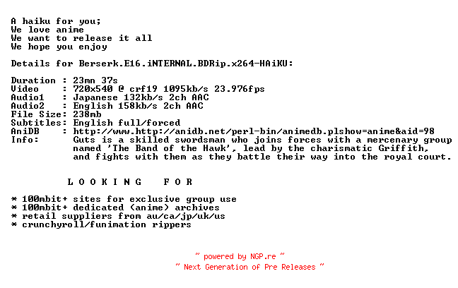 NFO for the release Berserk.E16.iNTERNAL.BDRip.x264-HAiKU by HAiKU