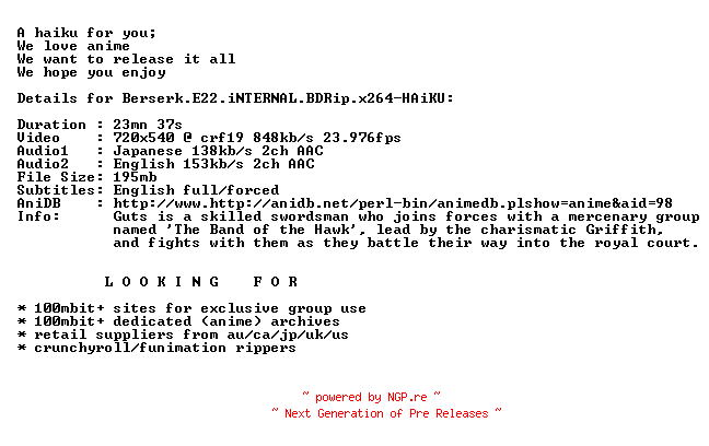 NFO for the release Berserk.E22.iNTERNAL.BDRip.x264-HAiKU by HAiKU
