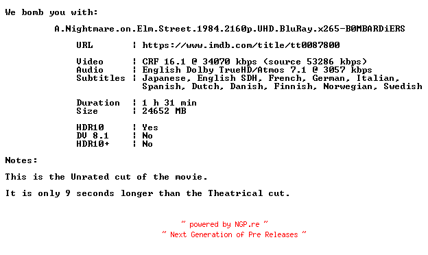 NFO for the release A.Nightmare.on.Elm.Street.1984.2160p.UHD.BluRay.x265-B0MBARDiERS by B0MBARDiERS