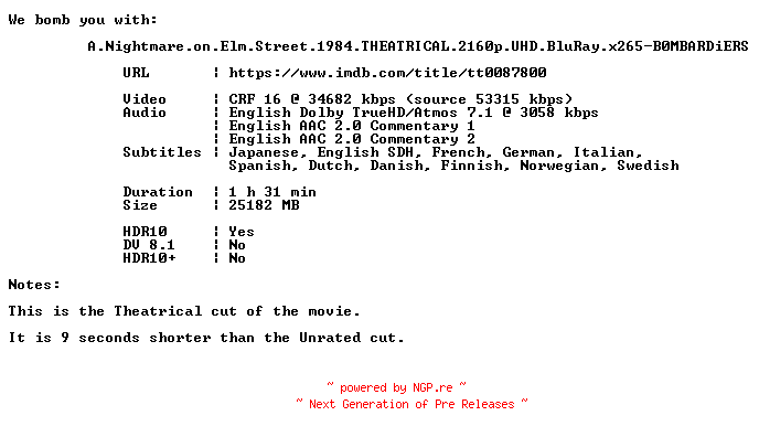 NFO for the release A.Nightmare.on.Elm.Street.1984.THEATRICAL.2160p.UHD.BluRay.x265-B0MBARDiERS by B0MBARDiERS
