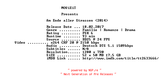 NFO for the release Am.Ende.aller.Strassen.2014.German.720p.BluRay.x264-MOViEiT by MOViEiT