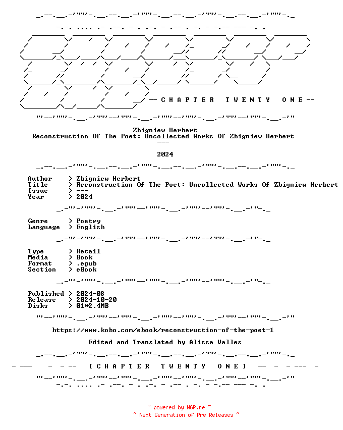 NFO for the release Zbigniew.Herbert.-.Reconstruction.Of.The.Poet.Uncollected.Works.Of.Zbigniew.Herbert.2024.RETAIL.EPUB.eBook-CTO by CTO