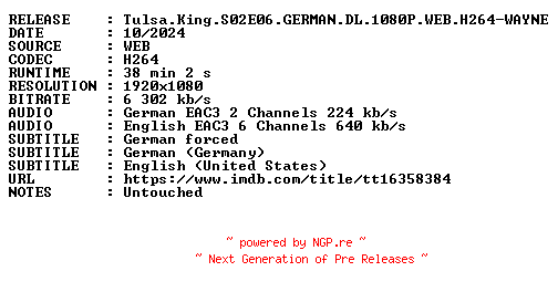 NFO for the release Tulsa.King.S02E06.GERMAN.DL.1080P.WEB.H264-WAYNE by WAYNE