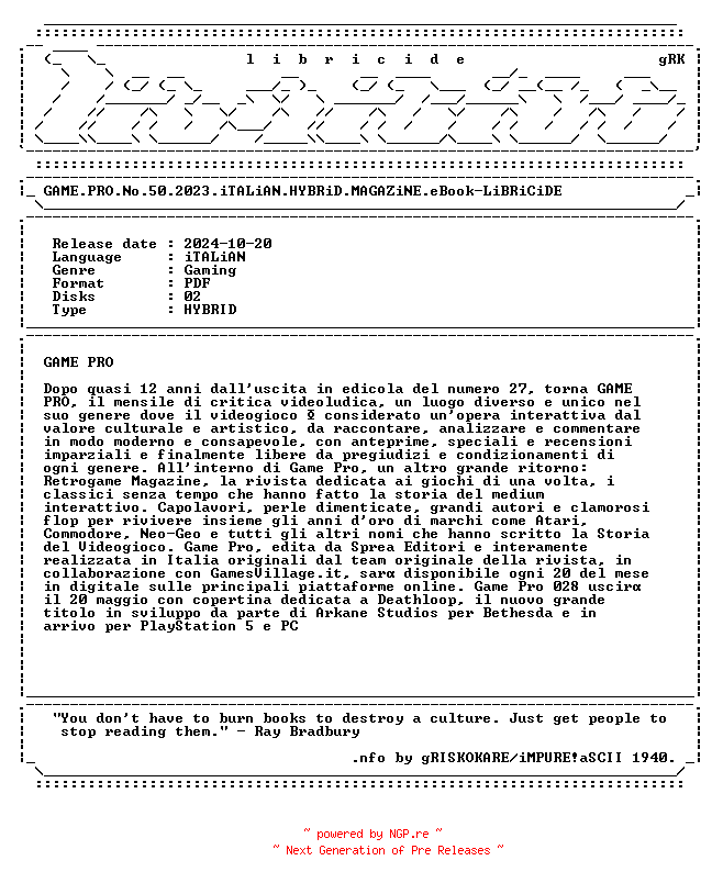 NFO for the release GAME.PRO.No.50.2023.iTALiAN.HYBRiD.MAGAZiNE.eBook-LiBRiCiDE by LiBRiCiDE