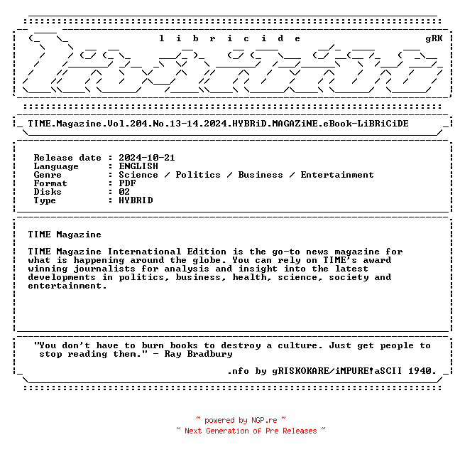 NFO for the release TIME.Magazine.Vol.204.No.13-14.2024.HYBRiD.MAGAZiNE.eBook-LiBRiCiDE by LiBRiCiDE