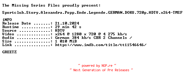 NFO for the release Sportclub.Story.Alexandra.Popp.Ende.Legende.GERMAN.DOKU.720p.HDTV.x264-TMSF by TMSF