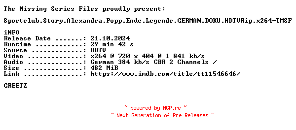 NFO for the release Sportclub.Story.Alexandra.Popp.Ende.Legende.GERMAN.DOKU.HDTVRip.x264-TMSF by TMSF