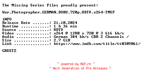 NFO for the release War.Photographer.GERMAN.DOKU.720p.HDTV.x264-TMSF by TMSF