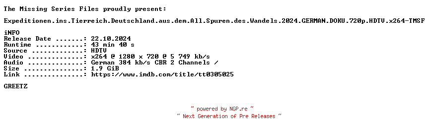 NFO for the release Expeditionen.ins.Tierreich.Deutschland.aus.dem.All.Spuren.des.Wandels.2024.GERMAN.DOKU.720p.HDTV.x264-TMSF by TMSF