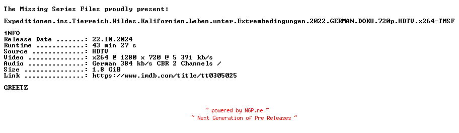 NFO for the release Expeditionen.ins.Tierreich.Wildes.Kalifornien.Leben.unter.Extrembedingungen.2022.GERMAN.DOKU.720p.HDTV.x264-TMSF by TMSF