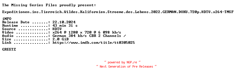 NFO for the release Expeditionen.ins.Tierreich.Wildes.Kalifornien.Stroeme.des.Lebens.2022.GERMAN.DOKU.720p.HDTV.x264-TMSF by TMSF